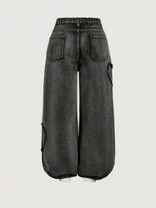 SHEIN MOD Plus Size Pink Heart Print Casual Straight Leg Cotton Jeans - Black - View 2