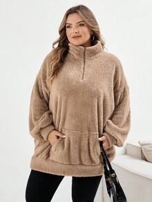 SHEIN CURVE+ 大码女式休闲时尚蓬松长袖运动衫 - 駝色 - 查看 6