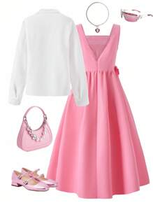 SHEIN Teenager Mädchen Lässiges, süßes & elegantes Hemdkleid Set, mit plissiertem Design an der Brust und Schleife an der Taille, Kragen Hemd, geeignet für Einkaufen, Ausgehen, Spazierengehen und Schule - Pink - Übersicht 2
