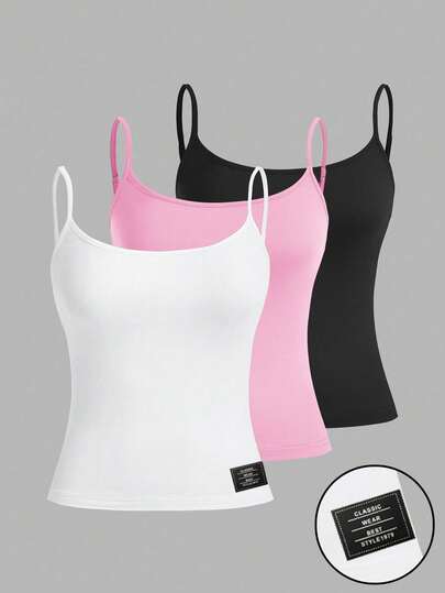 SHEIN EZwear 3pcs Women's Casual Camisole Set With Embroidered Pattern, Black, White, Pink, Versatile Tight Fitting Top For Summer