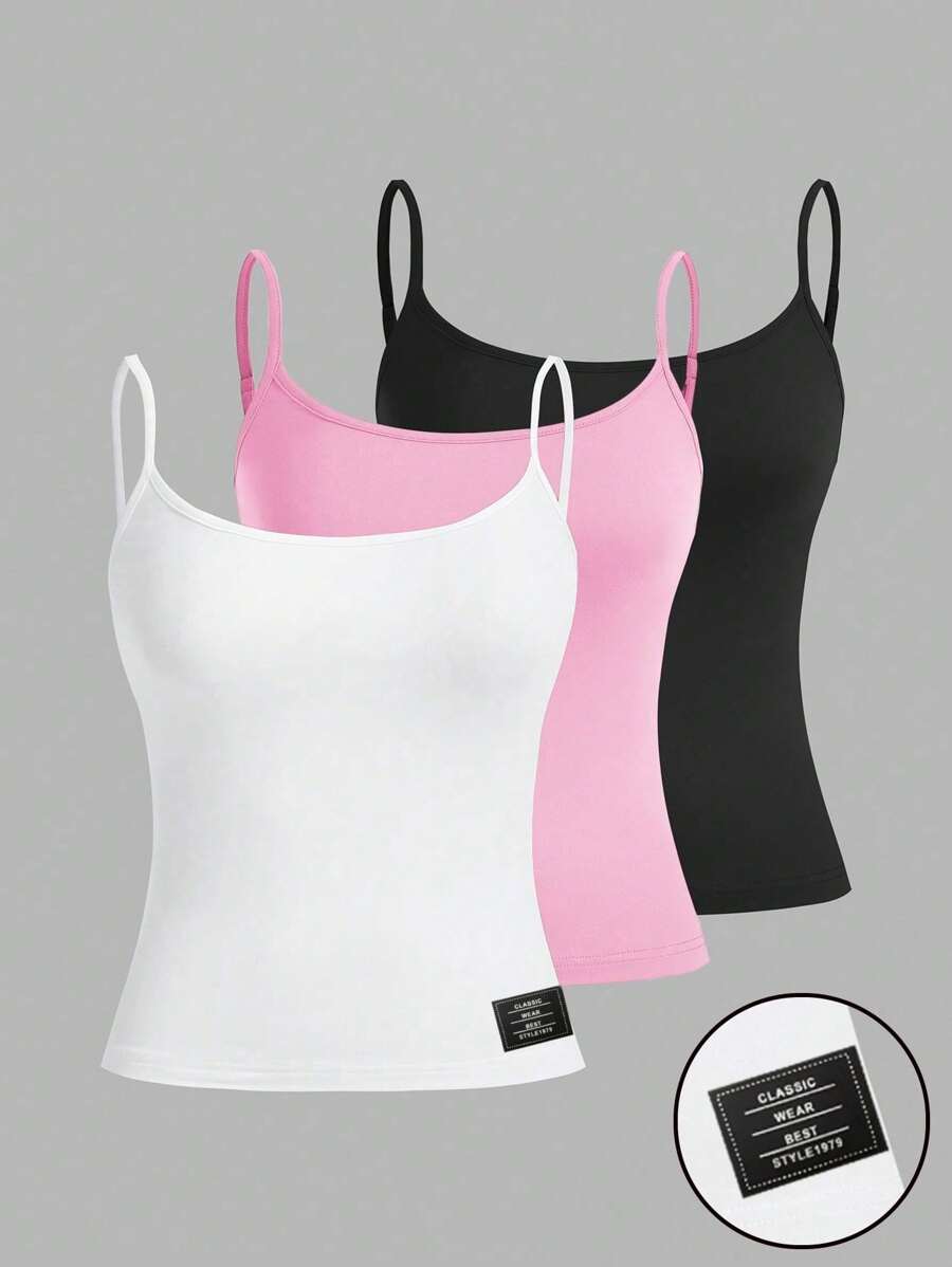 SHEIN EZwear 女士休闲吊带背心三件套，刺绣图案，黑色、白色、粉色，夏季百搭紧身款上衣 - 彩色 - 查看 1