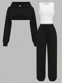 Girlism 少女黑色基本款运动休闲长袖短款连帽运动衫、白色基本款运动背心和黑色休闲运动裤套装 3 件套，开学季，户外运动服，运动服，秋季服装，演唱会服装