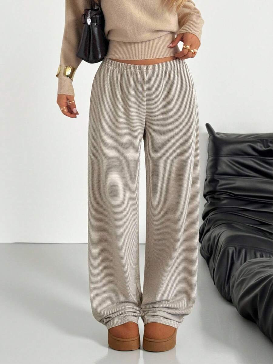 Muchica 卡其色条纹印花松紧腰休闲宽松阔腿裤 - 摩卡棕 - 查看 1