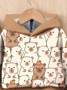 SHEIN CAPYBARA，儿童精选系列，日常基本款，快乐的孩子，适合孩子的柔和色彩，Bikercore，家庭旅行，快乐的日子，我爱妈妈，我爱爸爸，可爱的家，酷酷的孩子，年轻男孩两件套宽松休闲舒适长袖连帽衫套装，适合秋冬 - 彩色 - 查看 4