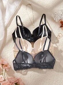 SHEIN 3pcs Lace Patchwork Women's Underwire Bra, Gather & Lift Casual Bra - Multicolor - View 2