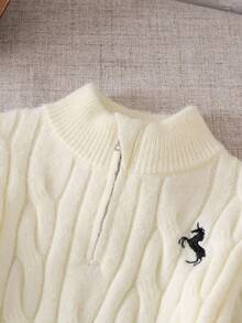 圆领长袖简约半拉链刺绣长款毛衣 - 白色 - 查看 7