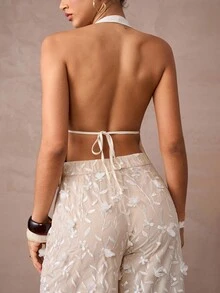 Lumalex 2件套缎面紧身胸衣腰部高腰超大长款3D花卉刺绣女士套装 - 杏色 - 查看 8