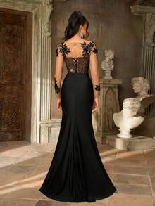 Aureia Đầm dạ hội dài tay sang trọng, chất liệu voan mỏng, đính cườm, sequin và thêu ren, phối ren, co giãn, màu đen, thích hợp cho đám cưới, tiệc tùng, kỳ nghỉ, dạ hội, dạ tiệc buổi tối (đính kết cầu kỳ), Ngày Valentine. - màu đen - Xem 4
