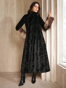 Anewsta Women's Fashionable & Elegant Long Black Faux Mink & Faux Fox Fur Cuff Jacket, Autumn/Winter - Black - View 6