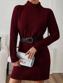 EURMUSE 深酒红色立领修身麻花袖针织毛衣裙 - 酒紅色 - 查看 7