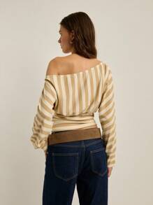 Nöista 女士秋季条纹蝙蝠袖收腰休闲时尚T恤，适合音乐节和办公室场合 - 卡其色 - 查看 3