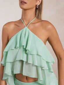 L'Amorae Women Crinkle Chiffon Halter Neck Triple Layered Top Summer Ibiza Vacation Mint Turquoise - Green - View 5