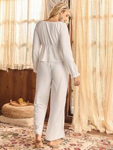 Lullawish Bộ đồ ngủ thoải mái, cổ chữ V sâu, phong cách Bohemian, thoải mái, trang phục mùa thu - trắng - Xem 2