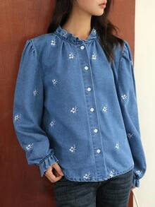 K-Vae 女士秋冬刺绣荷叶边牛仔衬衫，羊腿袖衬衫，乡村风格衬衫，万圣节服装，别致秋季 - 淺色水洗藍 - 查看 5