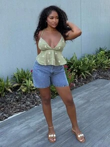 Alexandranx Damen Sommer Urlaub Floral Stickerei strukturierte Rüschen Saum Trägerhemd, Urlaubsoutfit Frau, Rückenfreie Bluse, Peplum Oberteil, süße Sommer Tops, Ausgeh Tops, Boho Damen Bekleidung, Europäischer Sommer - Grün - Übersicht 6