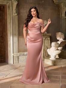 Aureia 加大码夏季优雅浪漫莲花粉色细肩带荷叶边领口修身鱼尾下摆连衣裙，适合晚会、约会、舞会、毕业典礼、音乐节、婚礼、伴娘 - 藕粉色 - 查看 6