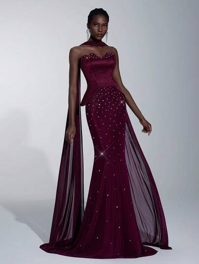 Elitara Elegant Luxurious Heavily Embellished Rhinestone Handmade Metal Flower Shell Collar Mermaid Tail Dress With Sash For Women's Formal Evening Gown