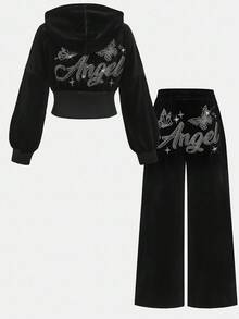 Tween Girl Velvet Rhinestone Hoodie & Fitted Pants 2pcs Suit Set, Fashion Casual Outfit For Halloween, Christmas Party, Weekends, Casual Outing Fall Winter - Black - View 15