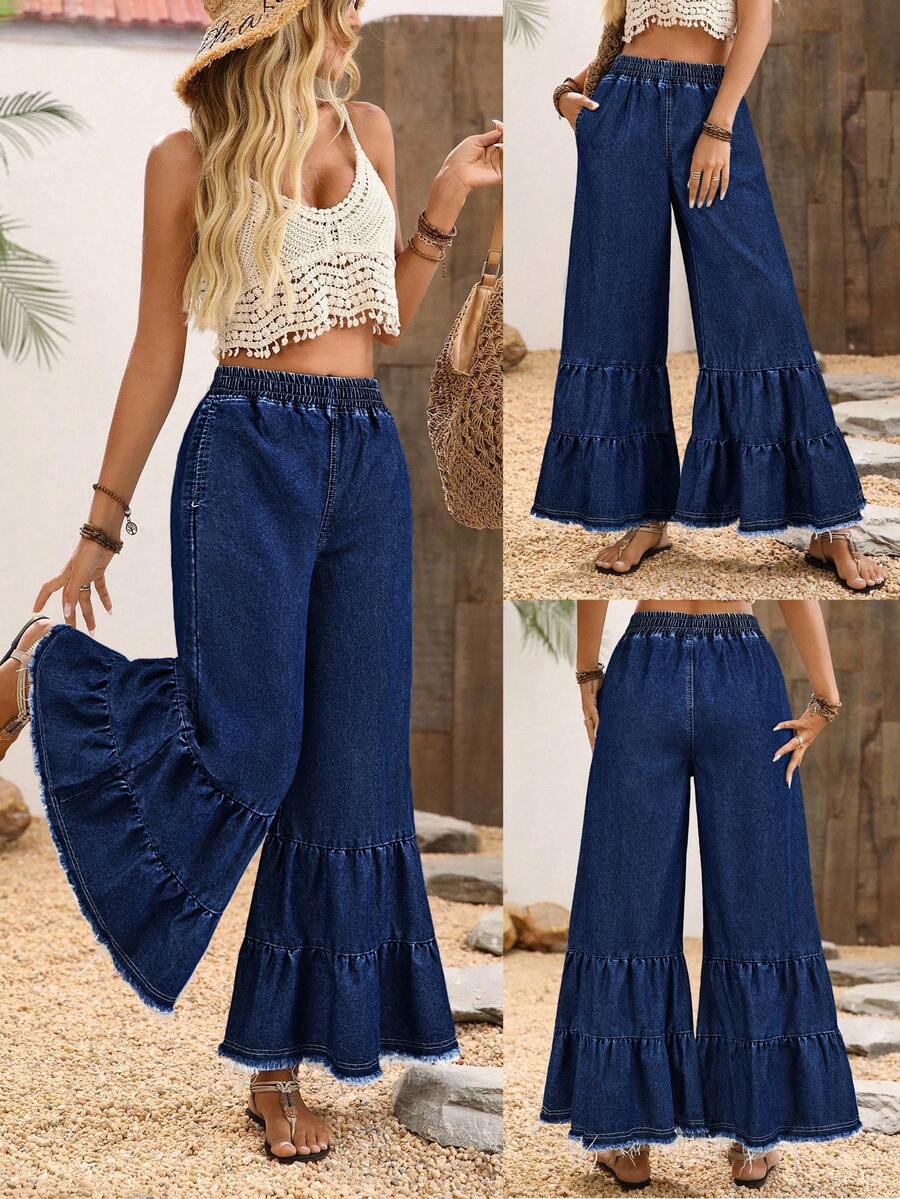 EMERY ROSE 女士纯色荷叶边下摆松紧腰休闲宽松牛仔阔腿裤 - 深色水洗藍 - 查看 1