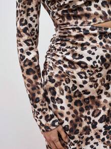 Maija Women's Leopard Print Stand Collar Long Sleeve Hollow-Out Waist Mid-Length Dress,Festival - Brown - View 6