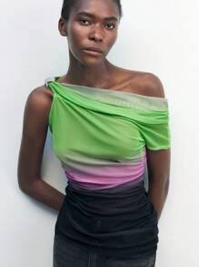 Maija Romantisches, modisches Damen-Farbverlauf-Muster-Mesh-Asymmetrisches-Ärmelloses-Top, Sommer-Romantik, Mode, vielseitig; geeignet für Sommerurlaub, bequem