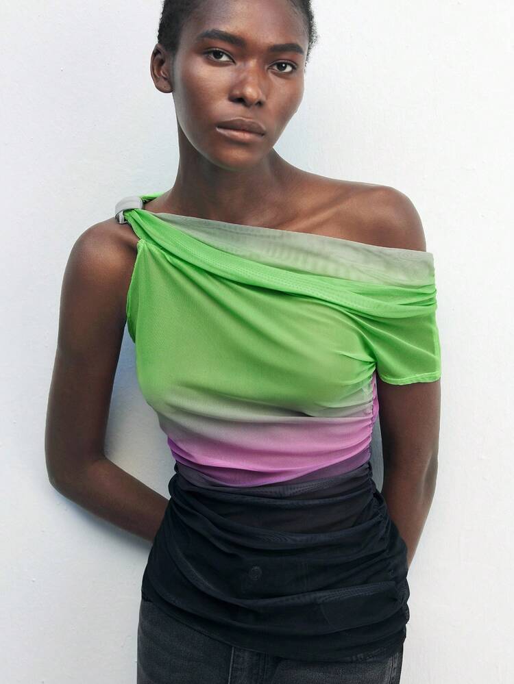 SHEIN Maija Romantisches, modisches Damen-Farbverlauf-Muster-Mesh-Asymmetrisches-Ärmelloses-Top, Sommer-Romantik, Mode, vielseitig; geeignet für Sommerurlaub, bequem