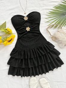 Soleia Women's Fashionable & Elegant Strapless Tiered Mini Dress - Black - View 1
