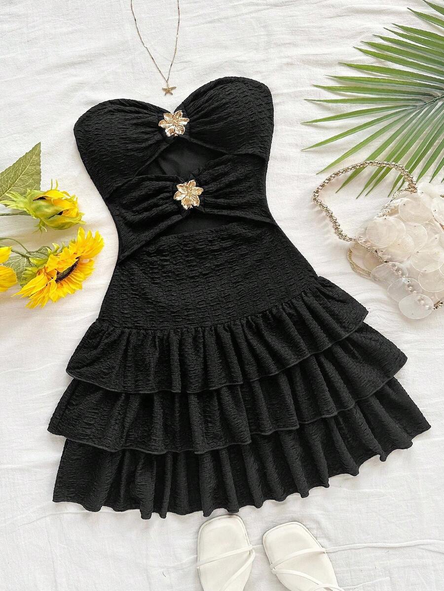 Soleia Women's Fashionable & Elegant Strapless Tiered Mini Dress - Black - View 1