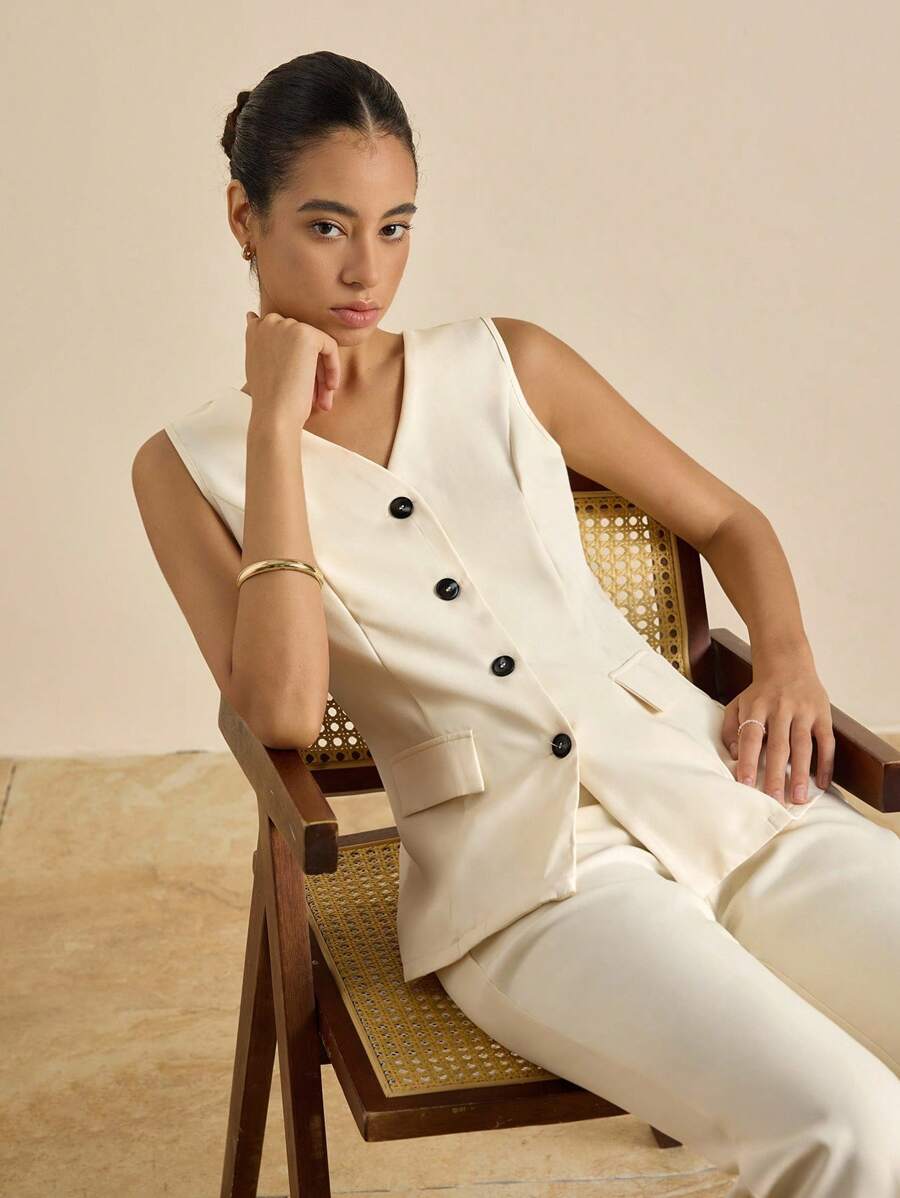 Airaco 2 件套女士无袖简约背心和裤子套装，适合日常休闲穿着 - 米色 - 查看 1