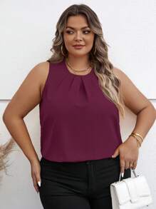 SHEIN Clasi Kemeja Kasual Tanpa Lengan Ukuran Besar Warna Polos, Musim Panas - Red Violet - View 8