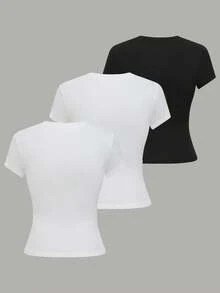 GlowEve Women's Solid Color Round Neck Short Sleeve Casual Versatile T-Shirt, Summer - Multicolor - View 2