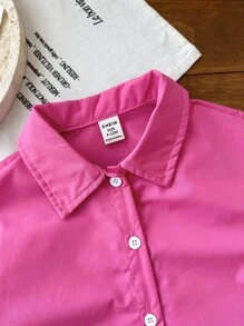 SHEIN Baby Girl Lovely Versatile Pink Collared Long Sleeve Shirt, Autumn/Winter - Hot Pink - View 3