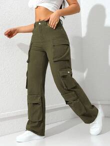 Jeanoix Women's Multi-Pocket Straight Leg Casual Jeans - Army Green - View 5