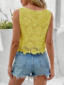 EMERY ROSE Women's Solid Color Round Neck Lace Patchwork Sleeveless Casual Blouse, Summer - Yellow - View 2