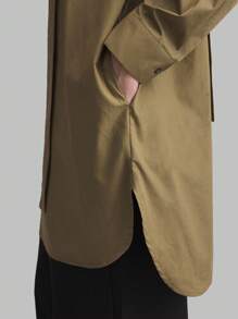 Ontre 2025 New Urban Casual Retro Japanese Style V-Neck Asymmetric Button Loop Loose Tie Accessory Women's Shirt, Minimalist Elegant For Spring/Summer - Army Green - View 8