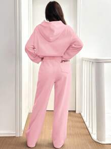 SHEIN EZwear 2pcs/Set Women Casual Thermal Lined Hoodie Sweatshirt And Pants, Pink, Autumn/Winter - Pink - View 2