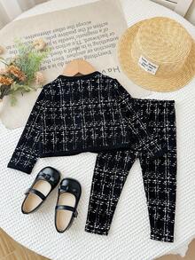 TaviRue 2pcs/Set Baby Girl Knit Plaid Cardigan And Matching Knit Leggings Set,Graduation Outfit Fall Winter