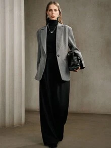 SHEIN LUNE 女士V领宽肩宽腰大衣，日常通勤长袖大衣，秋季商务休闲办公穿着 - 灰色 - 查看 6