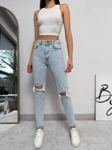 EURMUSE Petite HIGH RISE RIPPED MOM JEAN LIGHT BLUE ,Petite Women - Light Wash - View 6