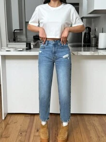 SHEIN Tall 100% Cotton HIGH RISE MOM CUT RIPPED WOMEN JEAN TALL Women Clothing Jeans Jeans Outfit For Women Jeans For Women Women S Street Wear Women Summer Clothing Women S Bottoms Woman S Summer Clothes Women Jeans Plus Size - Medium Wash - View 6