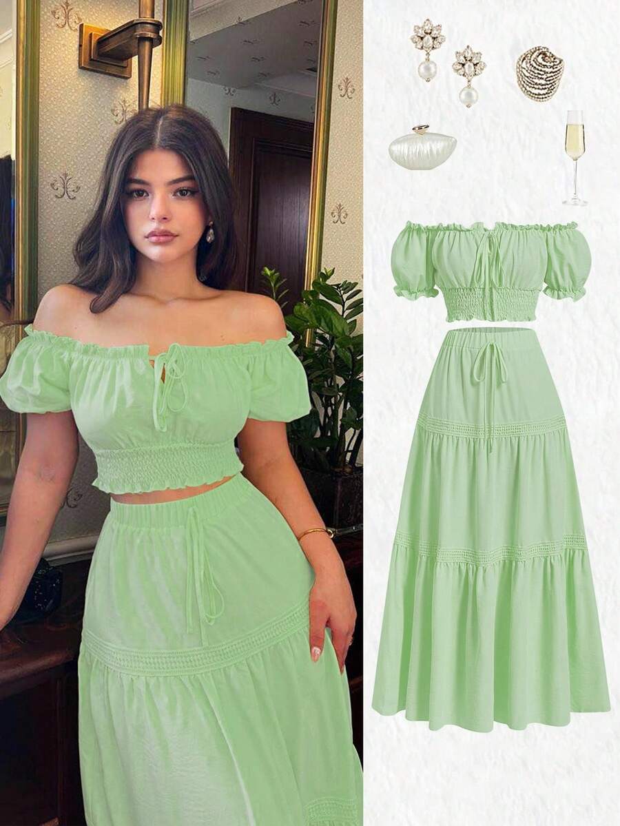 Elenzga New Women's Off Shoulder Puff Sleeve Bowknot Waist A-Line Skirt Set, Vacation Casual Fashion Young Daily Versatile Flattering Elegant - Green - View 1