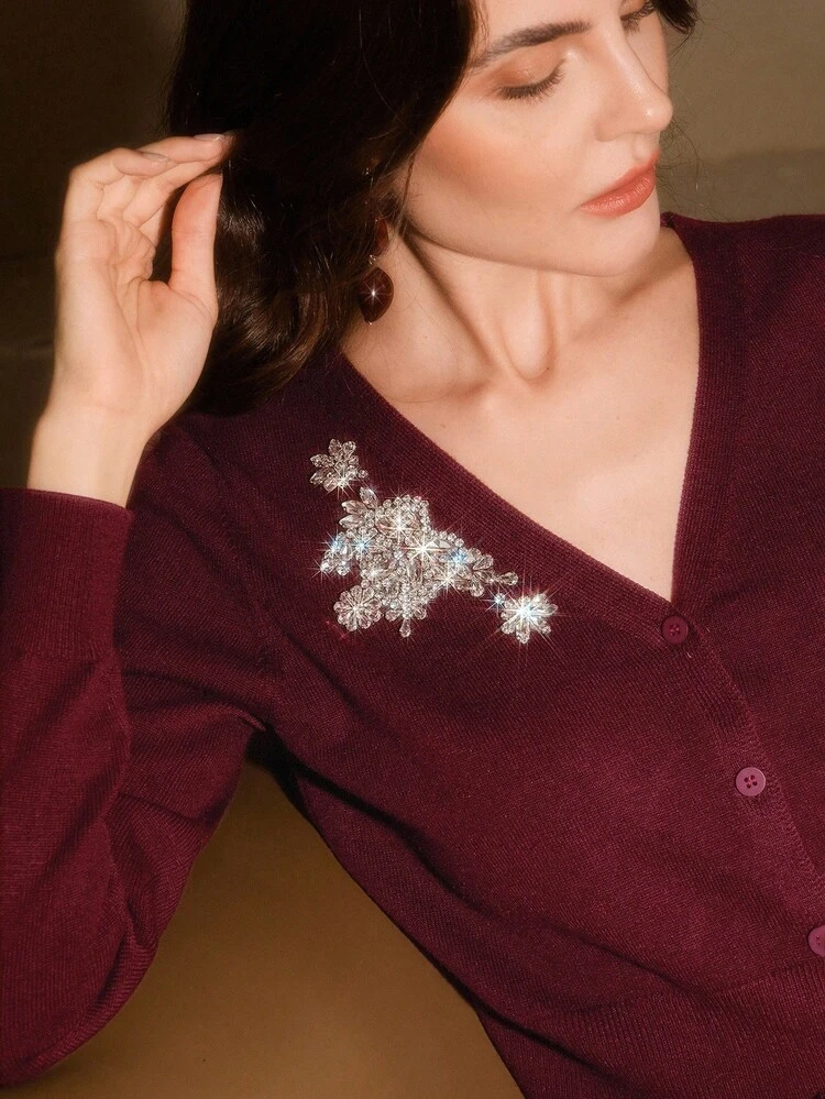 Robe tailleur pour femme, élégante pour soirée, bordeaux, jupe sirène à taille élastique ornée de strass faits main, cardigan à manches longues col V. Convient pour Noël, Halloween, automne/hiver