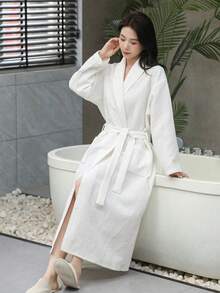 SHEIN 1 pezzo di accappatoio stile waffle, vestaglia unisex per adulti, pigiama primaverile/estivo, ad asciugatura rapida e ad assorbimento d'acqua, vestibilità morbida, disponibile in più colori, essenziale per il bagno e la casa, adatto per la stagione scolastica - Colletto verde multicolore - Visualizzare 10
