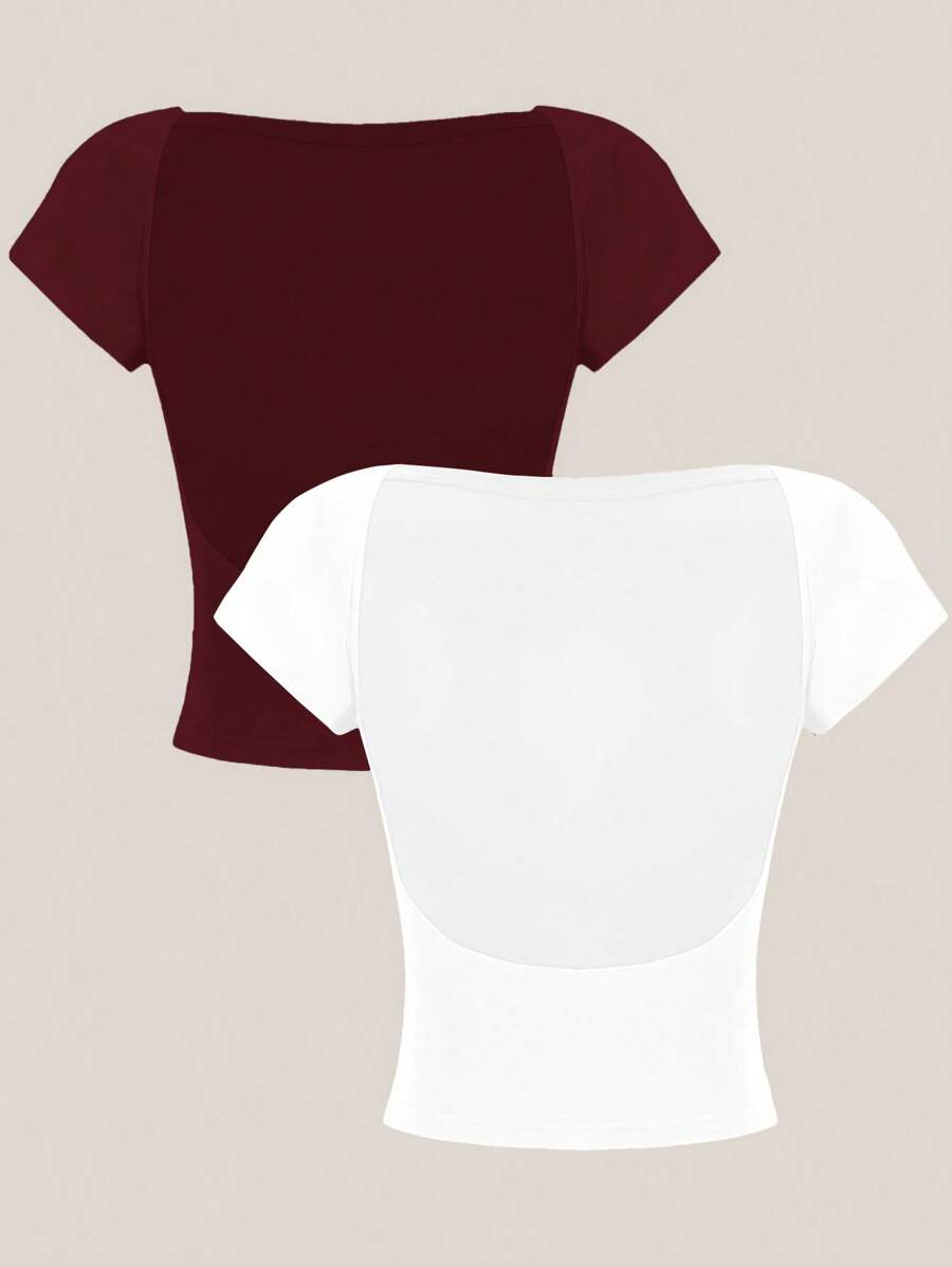 SHEIN EZwear 2 件套休闲纯色深玫瑰棕色和白色露背圆领短袖短款 T 恤,适合夏季穿着 - 彩色 - 查看 1