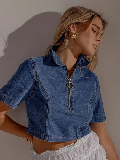 Aralina 女式秋冬夏牛仔波西米亚风可爱短款上衣，配有 Y2K 前拉链，非常适合乡村音乐会、教师和教堂