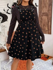 SHEIN 2件套孕妇条纹圆领长袖T恤和南瓜印花吊带裙 - 彩色 - 查看 6