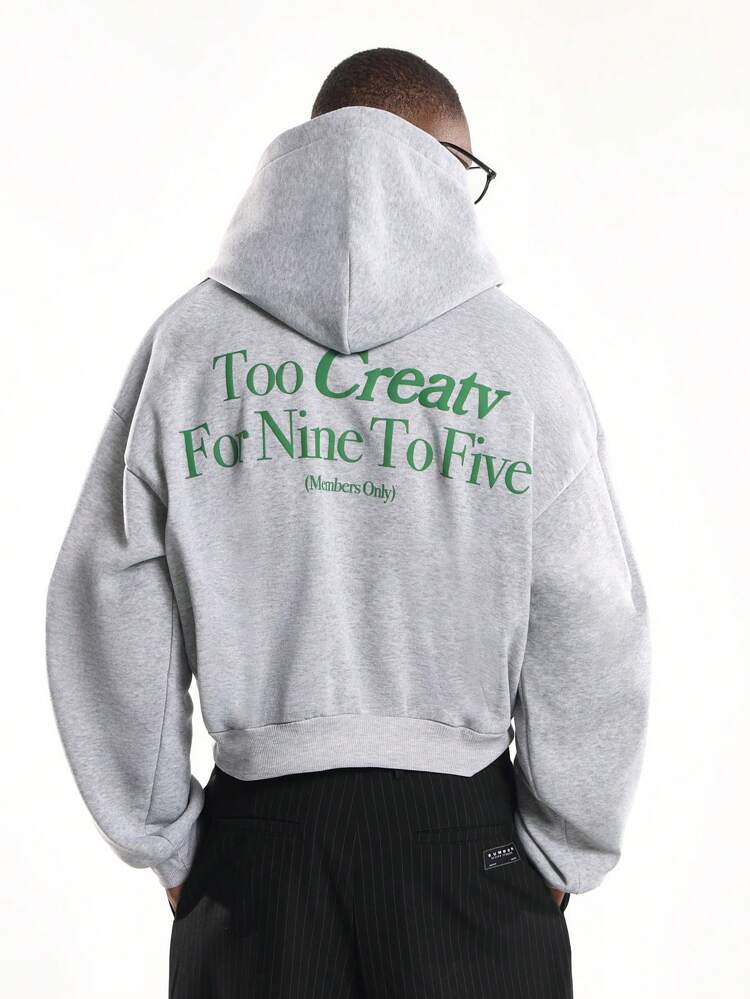 Grey Pullover Hoodie With Text Print And Centre Pocket