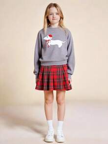 SHEIN Explorewe Tween Girls Cute Dog Print Long Sleeve Knit Sweatshirt & Vintage Pleated Mini Skirt 2-Piece Set,Grey Autumn School Back-To-School Casual Wear - Multicolor - View 6