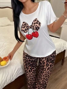 Women's Casual Leopard Print & Cherry Graphic Short Sleeve Pajama Set Women Pajama Set Leopard Pajama Set Leopard Pajamas Women Animal Print Pajama Set Cherry Print Pajamas - Multicolor - View 3
