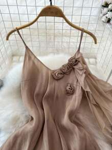 DreamSkyne 加大码花卉 3D 吊带连衣裙，休闲度假海滩优雅浪漫约会连衣裙 - 棕色 - 查看 3